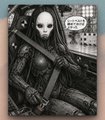 A dark, gothic illustration of a pale woman holding a sword, featuring speech bubbles with unreadable text.