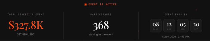 A dark-themed event dashboard showing 'TOTAL STAKED IN EVENT' of $327.8K (327,819 USDC), 'PARTICIPANTS' of 368 staking in the event, with 'EVENT ENDS IN' countdown of 08 days, 12 hrs, 05 min, 20 sec, ending Aug 4, 2026 23:59 UTC.