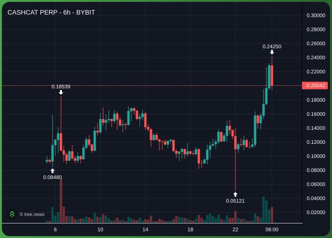 CASHCAT PERP 6h candlestick chart on Bybit showing a sharp breakout to a new all-time high of $0.24250 from a recent low of $0.05121, with the price currently trading around $0.20042—illustrating the volatile new cycle the post highlights despite weak volume.
