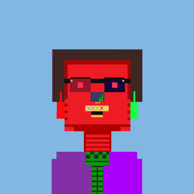 A pixel art portrait of a red-skinned character with dark sunglasses, gritted teeth, and a green chain necklace against a light blue background, serving as the author’s stylized avatar to accompany their announcement of joining the ClutchMarkets ecosystem and acquiring their first intern.