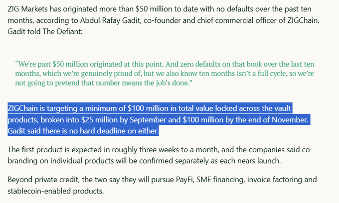 A news article excerpt with highlighted text stating 'ZIGChain is targeting a minimum of $100 million in total value locked across the vault products, broken into $25 million by September and $100 million by the end of November.'