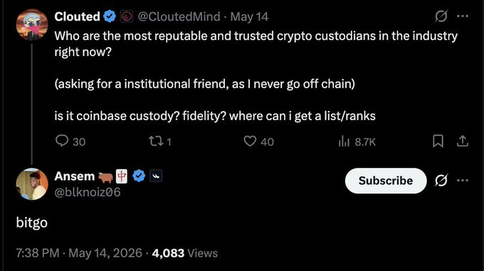 A tweet from @CloutedMind asking about reputable crypto custodians like Coinbase Custody and Fidelity is answered by Ansem (@blknoiz06) with "bitgo" — supporting the caption's suggestion to keep the $ANSEM treasury safe with a trusted institutional custodian.