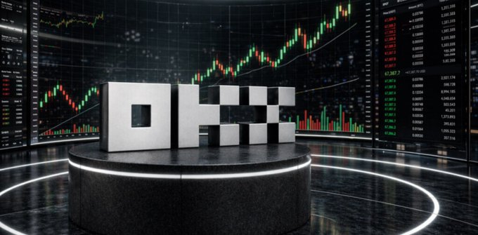 A 3D "OKX" logo displayed on a circular platform against a backdrop of financial trading charts and market data screens, visually reinforcing the news of the crypto exchange reaching a $25 billion valuation following its latest funding round from StanChart and Circle.