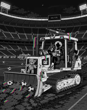 A black-and-white illustration shows two white cats in a CAT bulldozer labeled "CAT" plowing through soccer balls on a stadium field at night, with glitch-style effects adding to the chaotic scene. The surreal "gm friends" post embraces the absurdity—finding zen amid the madness, just like the cats calmly bulldozing through a stadium of soccer balls.