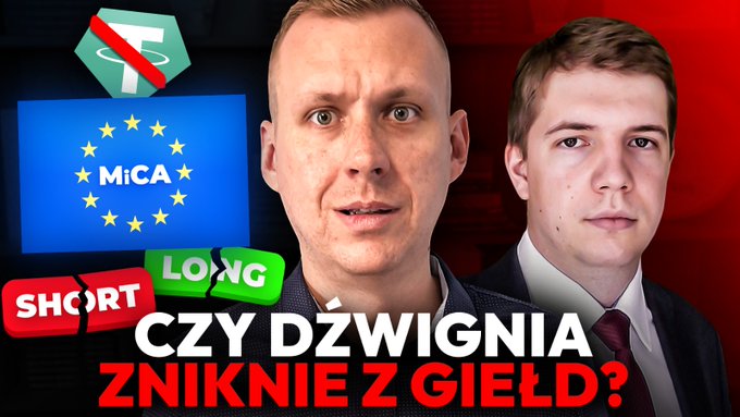 The image features a poster with two men, one of whom has short hair and the other who has long hair. The poster also includes text that reads "Big changes in the crypto market from July 1 in the EU! Will #USDT disappear from regulated exchanges? Does MiCA affect the DEFI market in any way? Will staking on exchanges still work? What about financial leverage? Who will really profit from MiCA?" This suggests a discussion or analysis of the potential impact of MiCA on the crypto market and its users.