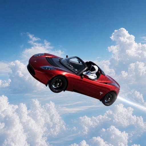 A surreal image of a red Tesla Roadster with a driver wearing a white spacesuit helmet, appearing to fly through a bright blue sky filled with white clouds, emitting rocket exhaust.