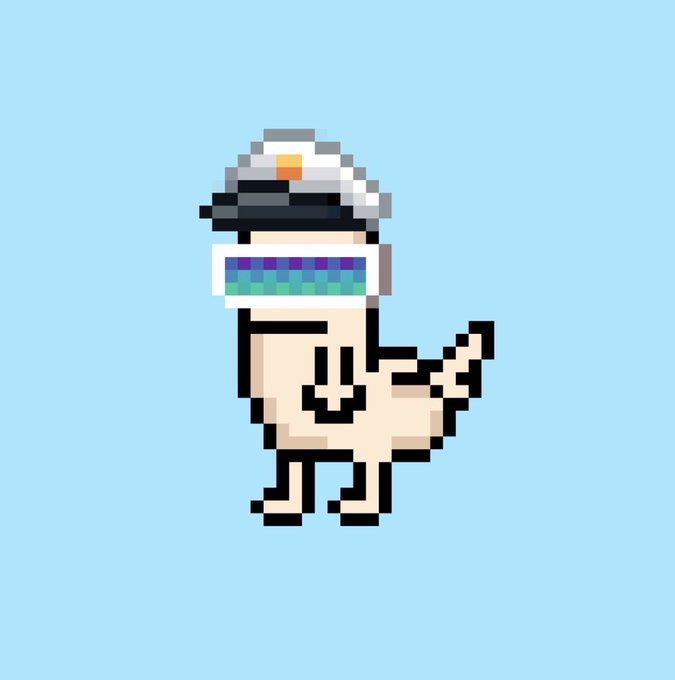 A pixel art illustration of a beige dinosaur-like character wearing a captain's hat and sunglasses with a rainbow-colored visor, standing against a light blue background.