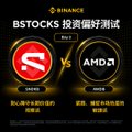 The image shows a Binance "bStocks 投资偏好测试" (Investment Preference Test) promotional banner featuring two character badges — a red "S" symbol marked "ROLE 01" versus a red AMD logo marked "ROLE 04" — set against a golden trophy backdrop with Chinese text prompting users to discover which stock personality type they are (AAA, ABB, or BBA).