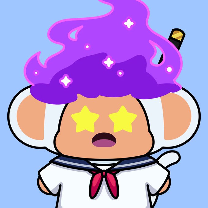 A cartoon illustration of a white mouse-like character wearing a sailor uniform with a red neckerchief, featuring star-shaped yellow eyes and a large purple magical flame on its head.