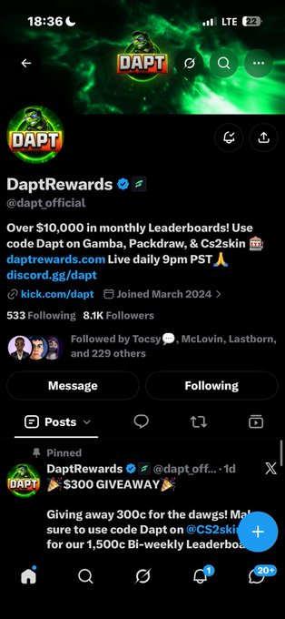 A Twitter/X profile page for DAPT Rewards (@dapt.official) with a green logo, showing 8.1K followers and posts promoting $300 giveaways with code 'Dapt' on platforms like Gamba, Packdraw, and Cs2skin.