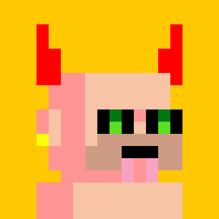 A pixel art style image shows a character with a light brown/tan complexion, green eyes, and red horn-like features, set against a solid yellow background.