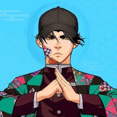 An anime character with dark hair and a black cap, wearing a colorful patterned kimono-style jacket, making a hand gesture against a blue background with Japanese wave patterns.