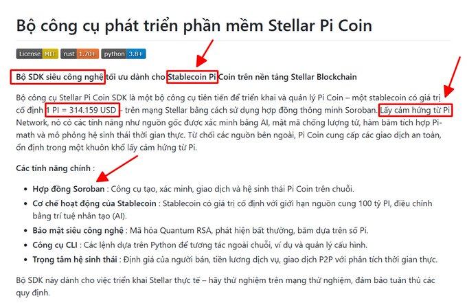 The image displays a Vietnamese description of a Stellar Pi Coin development toolkit (Bộ công cụ phát triển phần mềm Stellar Pi Coin), highlighting features like the Soroban SDK with a fixed price of 1 Pi = 314.159 USD, Stablecoin support, and AI-quantum cryptographic hashing. Red arrows emphasize key phrases about the Pi ecosystem on the Stellar Blockchain, connecting to the post's discussion of Pi Network's post-Protocol 27 shift toward practical implementation of its technology.