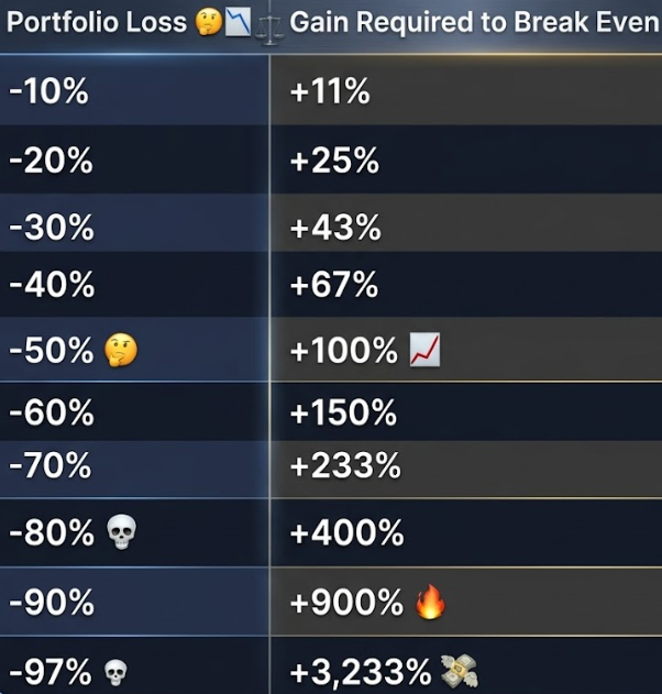 The image is a table titled "Portfolio Loss 📉 vs Gain Required to Break Even," showing that as losses deepen, the gain needed to recover grows exponentially—e.g., a -50% loss requires +100% to break even, a -90% loss requires +900%, and a -97% loss requires +3,233%. It visually reinforces the Vietnamese post's warning that a 97% loss demands over 3,000% gain just to recover the initial investment.