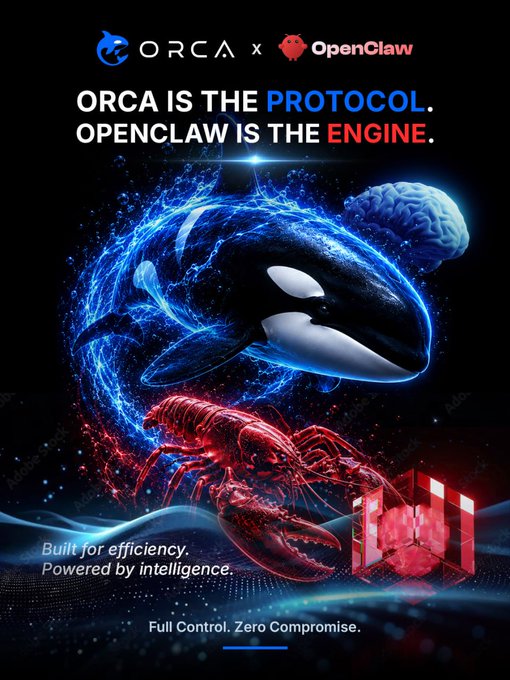 A dark promotional graphic featuring a glowing blue orca whale and a red lobster rendered in a digital/neon style, alongside a human brain and a red server icon, with text reading "ORCA x OpenClaw — ORCA is the PROTOCOL. OPENCLAW is the ENGINE," "Built for efficiency. Powered by intelligence," and "Full Control. Zero Compromise." The orca and lobster imagery visually represents the two named entities being paired, symbolizing a collaboration between the ORCA protocol and the OpenClaw engine to deliver fast, intelligent, onchain prediction market analysis.