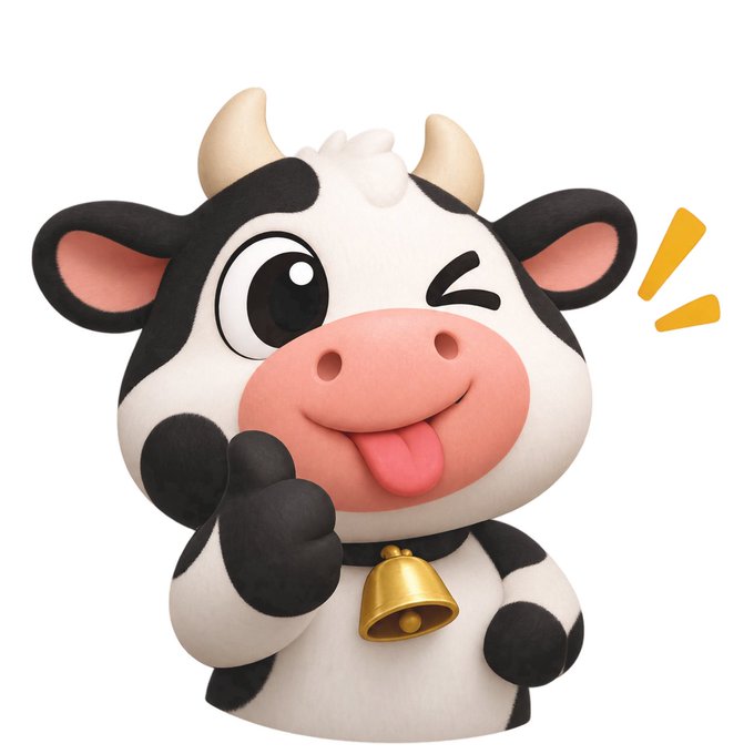 A playful cartoon cow with black spots, pink nose, and a winking expression sticks out its tongue while wearing a golden bell collar. The cheerful mascot ties into the post's "#NiuLai" (牛来, meaning "cow has arrived") theme, serving as a fun visual symbol of the lucky cow energy the user is channeling with their minicoin.