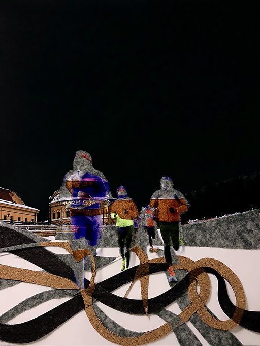 A stylized, double-exposure style image showing runners in winter gear with large, abstract ribbon-like shapes weaving across the foreground, set against a dark night sky with a building in the background.
