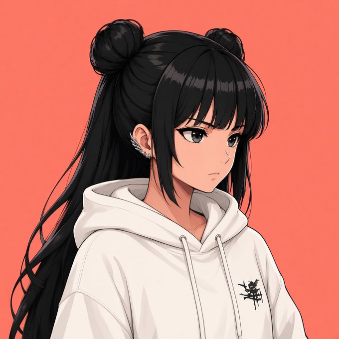 An anime-style digital illustration of a girl with long black hair styled in twin buns, wearing a white hoodie with a small skull design, set against a coral-red background.