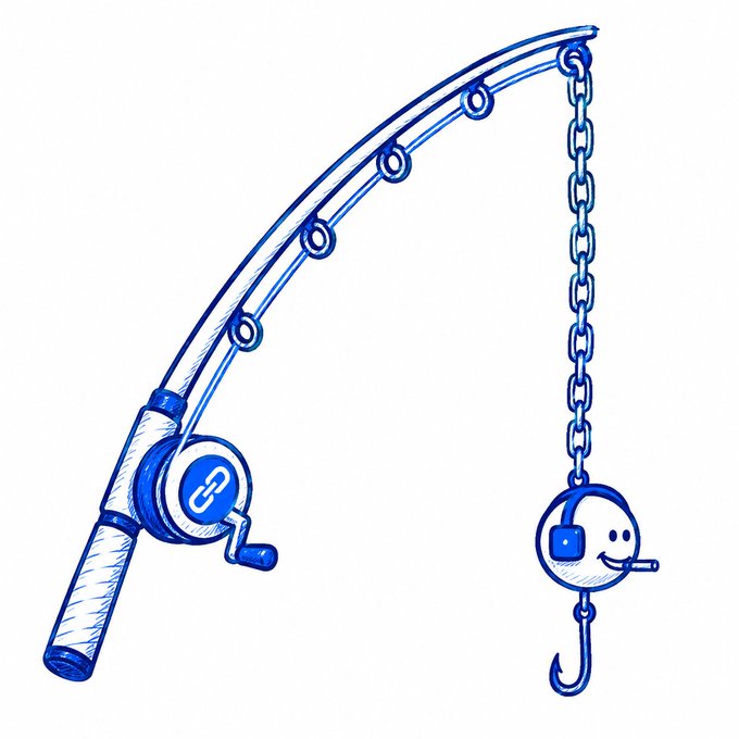 A blue line drawing of a fishing rod with a chain instead of a line and a Padlock Ball (formerly known as "LockMyPix") NFT character as the bait/fish, tying into the "pond" reference—a common NFT community metaphor—where someone is inviting others to contribute their NFTs.