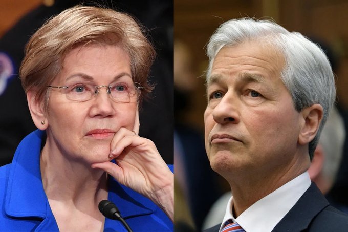 This image shows a split-screen of Senator Elizabeth Warren and Jamie Dimon of JPMorgan Chase, likely placed together to contrast Warren's criticism of crypto with Dimon's bank's extensive history of fines and settlements, including association with the Madoff Ponzi scheme.