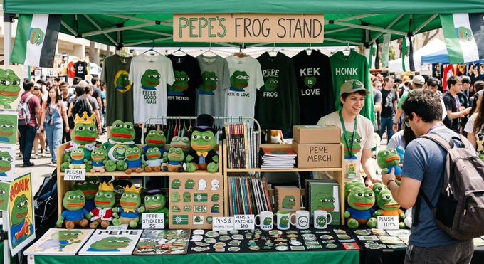 A bustling outdoor convention booth labeled 'PEPE'S FROG STAND,' selling Pepe the Frog merchandise including t-shirts reading 'KEK IS LOVE,' 'HONK,' and 'FEELS GOOD MAN,' plus plush toys and stickers.