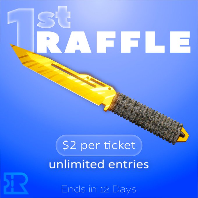 A promotional advertisement for a '1st RAFFLE' featuring a gold and black knife, with tickets priced at '$2 per ticket' and 'unlimited entries', ending in 12 days.