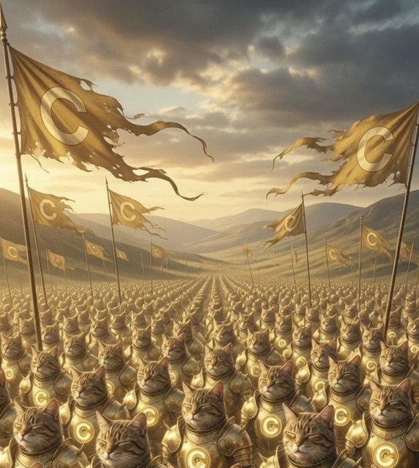 A vast army of golden-armored cats stands in formation across a rolling landscape, their ranks stretching to the horizon beneath tattered flags bearing the letter "C"—a visual embodiment of the "cate army" rallying cry. The image's overwhelming scale of feline soldiers directly mirrors the post's boast of a massive, devoted holder base, visually reinforcing the idea of an unstoppable "cult" force behind the $cate token.