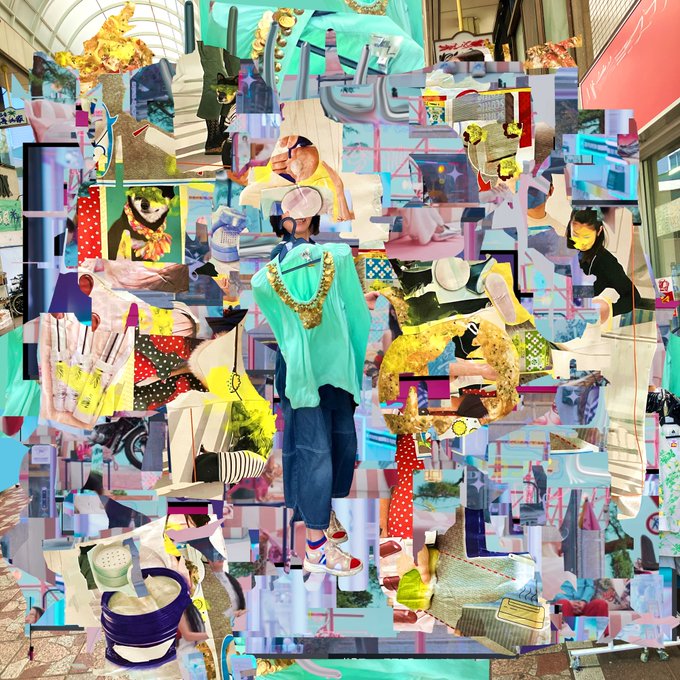 A vibrant, chaotic photo collage featuring a central figure wearing a teal hoodie and gold chain amidst dense layered imagery of urban culture, clothing, faces, and street scenes.
