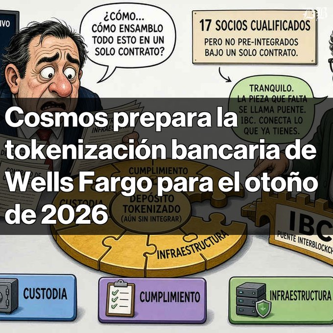 A cartoon illustration about Cosmos bank tokenization with Spanish text overlay reading 'Cosmos prepara la tokenización bancaria de Wells Fargo para el otoño de 2026', showing puzzle pieces labeled 'CUMPLIMIENTO', 'DEPÓSITO TOKENIZADO', 'INFRAESTRUCTURA' and a bridge labeled 'IBC PUENTE INTERBLOCKCHAIN'.