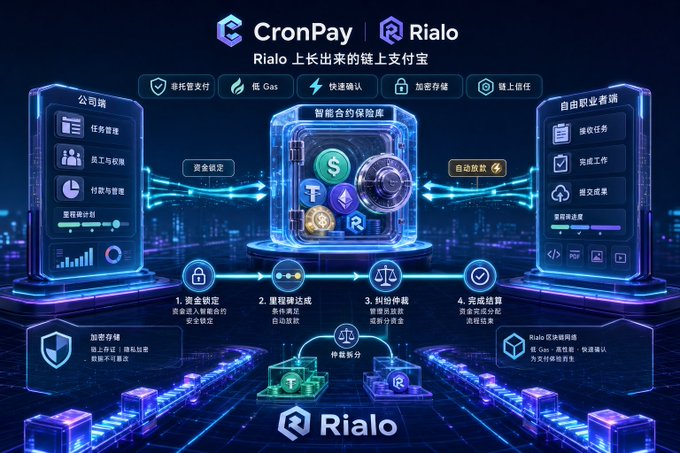 A promotional graphic for 'CronPay' and 'Rialo' featuring a glowing digital vault with cryptocurrency icons (Bitcoin, Ethereum, Tether, etc.) surrounded by Chinese text describing payment features.