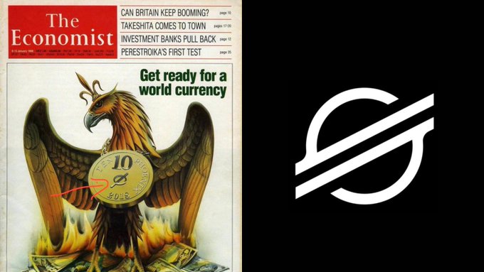 The image shows a January 1988 cover of *The Economist* magazine featuring a phoenix rising from flames while holding a gold coin, with the headline "Get ready for a world currency," paired with the Stellar (XLM) cryptocurrency logo. The post highlights the bizarre coincidence that the Stellar logo appeared on an Economist cover from 1988—26 years before XLM's creation in 2014—suggesting either a surreal time-travel connection or, more likely, that the image has been digitally altered to insert the XLM logo onto the original magazine cover.
