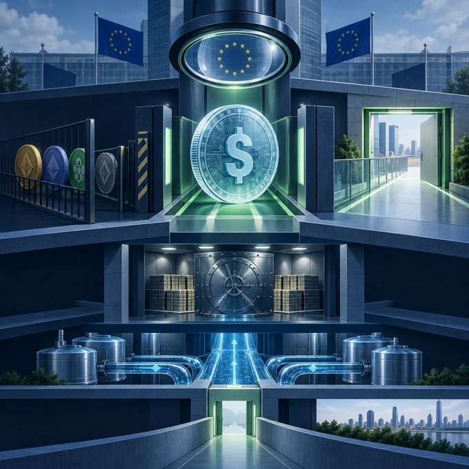 A futuristic digital illustration of a financial vault and infrastructure featuring a large dollar sign coin, EU flags, cryptocurrency symbols, gold bars, and advanced piping systems.