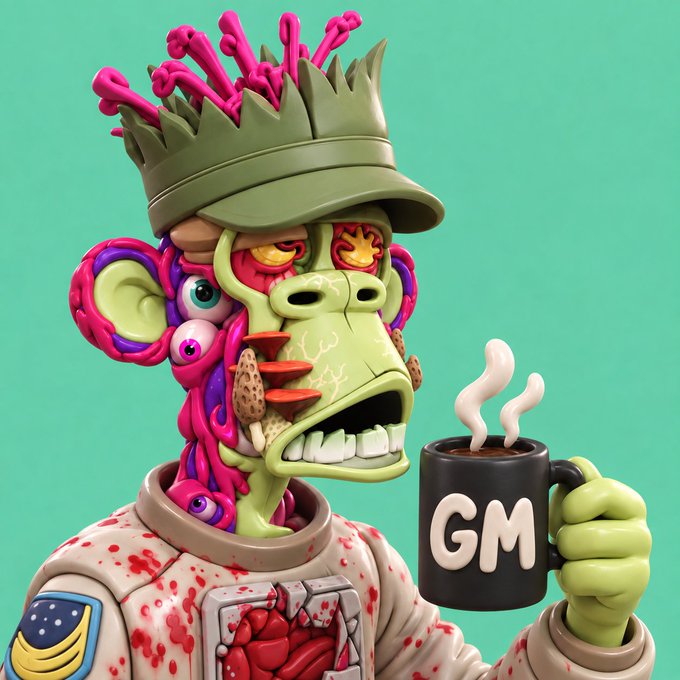 A vibrant 3D-rendered character with green skin, exposed brain-like textures, and a crown wears a blood-splattered spacesuit while holding a black mug labeled 'GM'.