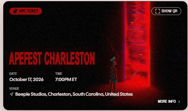 A digital event ticket for 'APEFEST CHARLESTON' on October 17, 2026 at 7:00PM at Beeple Studios in Charleston, South Carolina, displayed with a dark artistic design featuring red accents.