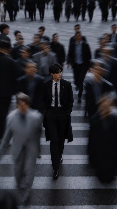 A stylized image of a young man in a black suit and tie standing on a crosswalk, looking back over his shoulder while blurred figures in motion surround him.