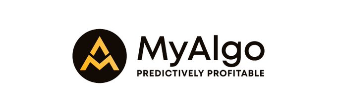 The image shows the MyAlgo logo, featuring a black circle with a gold stylized "M" mountain/triangle design alongside the brand name "MyAlgo" and the tagline "PREDICTIVELY PROFITABLE." This visually reinforces the post's message about MyAlgoTech being built for anticipating market moves through systematic, signal-driven trading rather than emotional reactions.