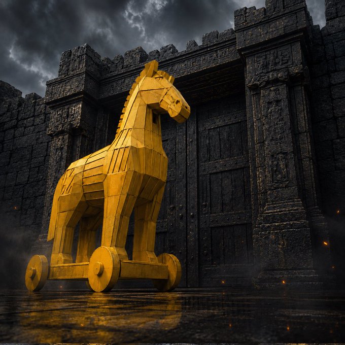 A faceted golden Trojan horse stands on wheels before dark stone fortress gates under a stormy sky, with embers floating in the air. The post's warning about "Troy" accepting an unsolicited delivery without verifying the sender ties directly to the image, using the Trojan horse as a metaphor for crypto scams and hacks that bypass user caution.
