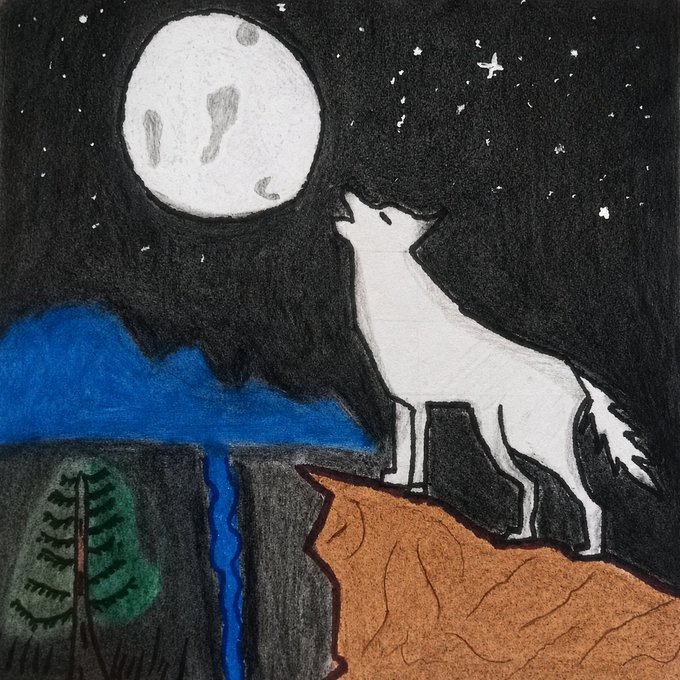 A white wolf howls at a full moon in a starry night sky, perched on an orange cliff overlooking a waterfall, evergreen, and dark landscape. The artwork visually embodies the "QT your animals ART" post by depicting an animal as the expressive, emotive subject of a piece of art.