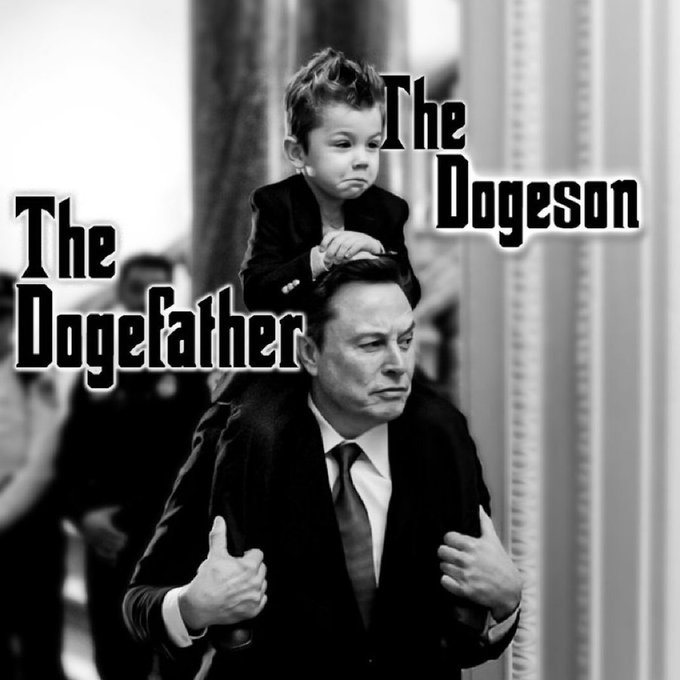 The image features a man wearing a suit, standing next to a young boy who is sitting on his shoulders. They appear to be posing for a picture together. The caption of the image reads "You are Dogeus Maximus. The Doge Father." This suggests that they might be related or have some connection to the character Dogeus from Greek mythology.