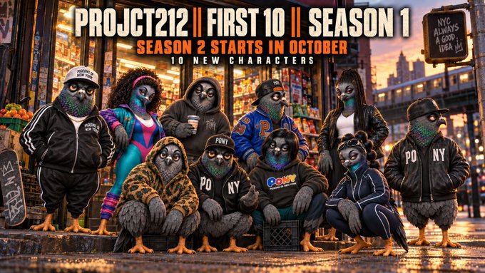 A 'PROJCT212 FIRST 10 SEASON 1' promotional image announcing 'SEASON 2 STARTS IN OCTOBER' with '10 NEW CHARACTERS,' depicting a group of pigeon characters dressed in urban streetwear on a NYC street.