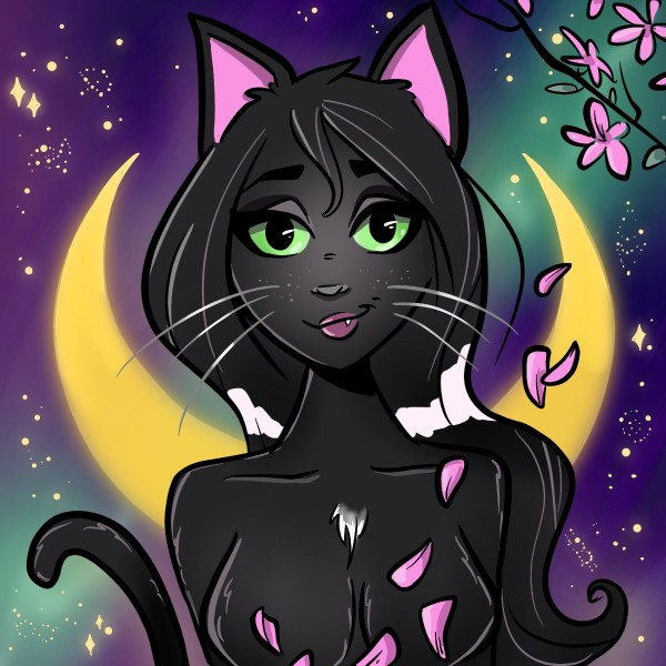 Digital illustration of an anthropomorphic black cat character with green eyes, pink-tipped fur patches, and a white chest patch, set against a starry night sky background featuring a large crescent moon and pink cherry blossoms.