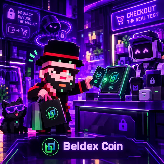 A pixel art style promotional image for 'Beldex Coin' showing a character with a beard and red hat, alongside text reading 'PRIVACY BEYOND THE WALLET' and 'CHECKOUT THE REAL TEST' in a purple neon-lit scene.