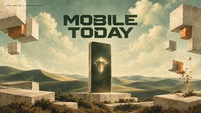 A promotional poster titled "MOBILE TODAY" with "TERA WALLET / COMING SOON" text, featuring a stone monolith with a glowing geometric symbol set in a rolling hills landscape with floating concrete blocks.