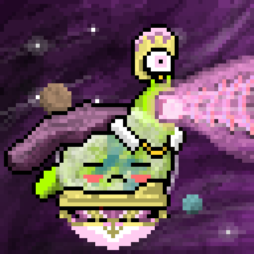 A pixel art illustration of a green alien-like creature with pink wings and a yellow eye on a stalk, set against a purple cosmic background.