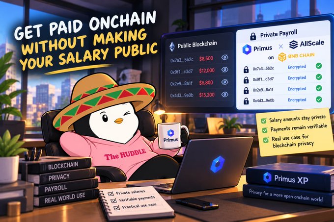 Colorful promotional illustration for onchain payroll featuring “The HUDDLE,” a laptop with a blue logo, and the headline “GET PAID ONCHAIN WITHOUT MAKING YOUR SALARY PUBLIC,” with panels for “Public Blockchain,” “Private Payroll,” Primus, BNB Chain, and “Primus XP.”
