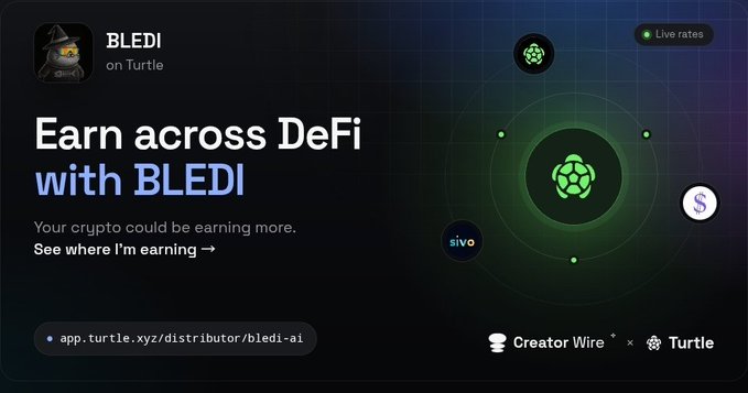 A dark-themed promotional graphic for 'BLEDI on Turtle' advertising 'Earn across DeFi with BLEDI', showing logos for sivo and a dollar sign with a link to app.turtle.xyz/distributor/bledi-ai.