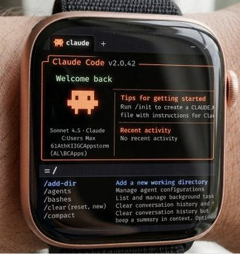 The image shows an Apple Watch displaying the "Claude Code v2.0.42" interface with a pixel-art alien logo, the text "Welcome back," and a list of CLI commands like /add-dir, /agents, /bashes, /clear, and /compact. The accompanying post humorously describes a college roommate who woke up at 5 AM for six months to trade on Polymarket's Asian markets before writing an AI agent—ironically symbolized by Claude Code running on a smartwatch—to handle trading while he slept.