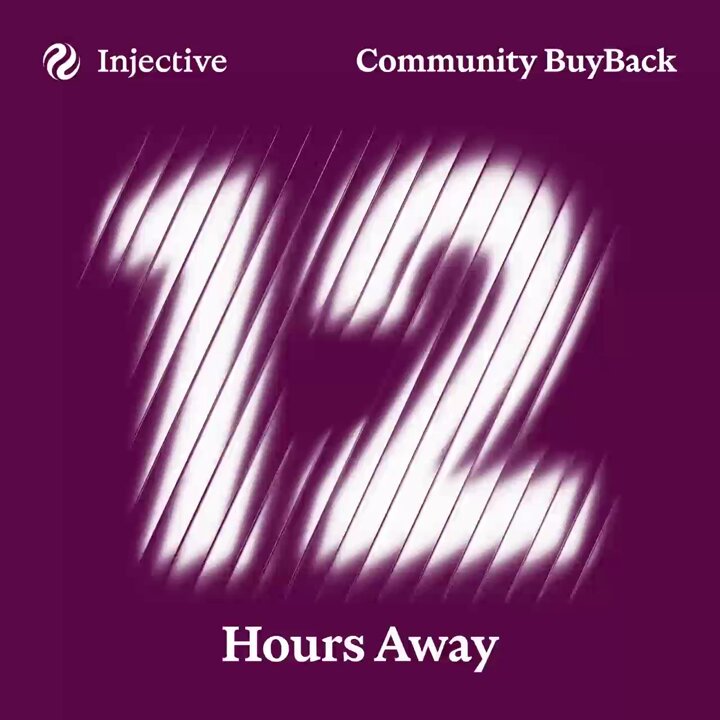 The image features a purple background with white text that reads "12 Hours Away" at the top, followed by an explanation of a community buyback event. The text also includes an alarm symbolizing the countdown timer for the event.