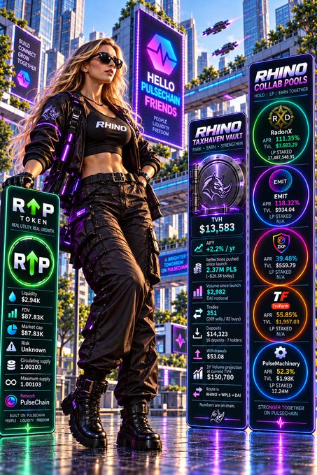 A vibrant cyberpunk-style digital artwork featuring a woman in dark clothing with 'RHINO' branding, surrounded by floating panels displaying cryptocurrency data including 'RHINO COLLAB POOLS', 'RHINO TAXHAVEN VAULT', and 'PulseChain' with TVL of $13,583.