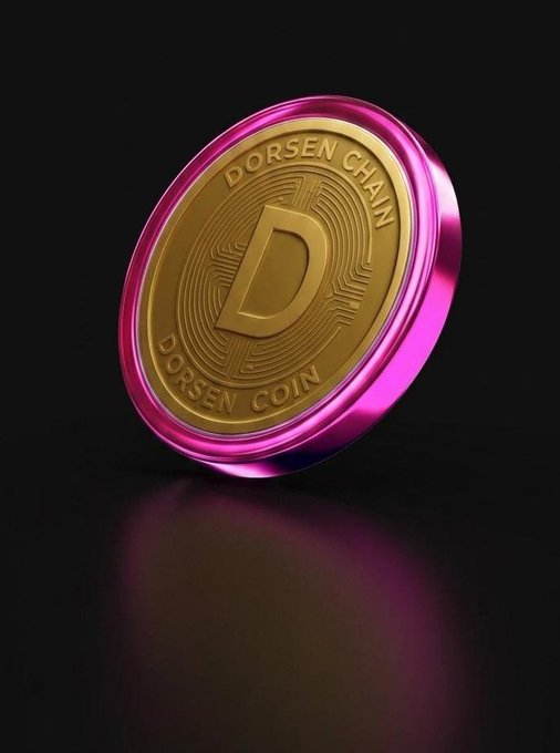 A 3D render of a gold and pink 'Dorsen Chain / Dorsen Coin' cryptocurrency token featuring a large 'D' emblem.